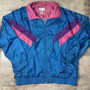 EUC Vintage 90s Bocoo Blue and Pink Windbreaker Nylon Parachute Jacket Size Med